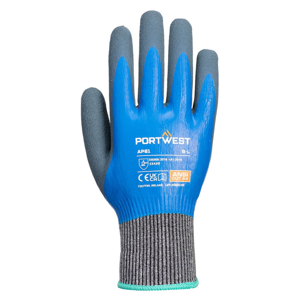 A pair of blue work gloves with cut-level D13 protection, a textured grip palm, and an elasticated cuff for a secure fit.