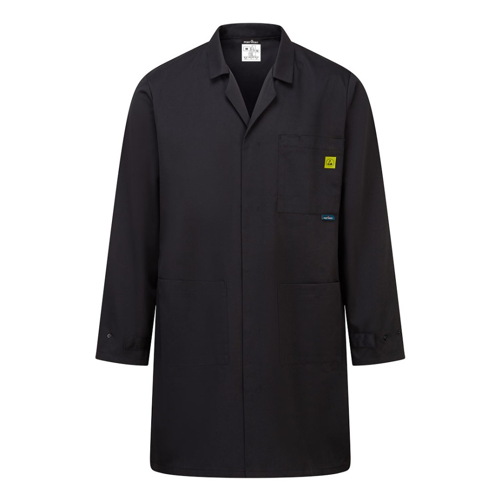 A black jacket featuring anti-static properties, suitable for a wide range of outdoor and site work applications.