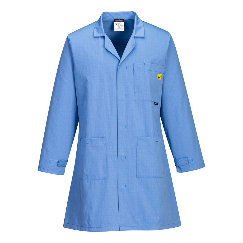 A blue jacket featuring anti-static properties, suitable for a wide range of outdoor and site work applications.