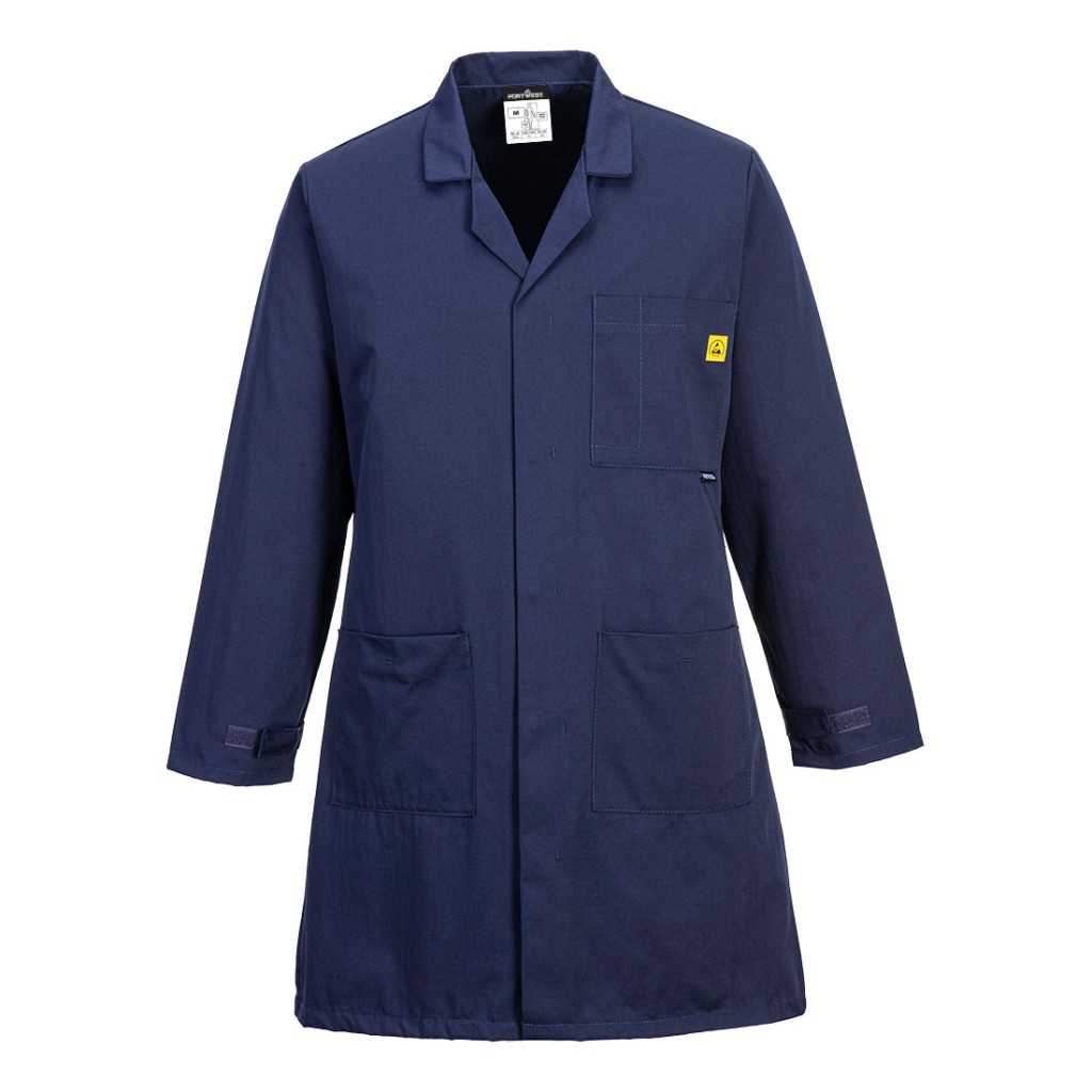A navy blue jacket featuring anti-static properties, suitable for a wide range of outdoor and site work applications.