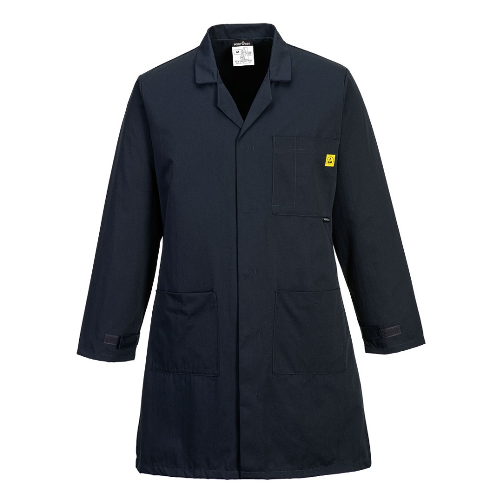 A navy blue jacket featuring anti-static properties, suitable for a wide range of outdoor and site work applications.