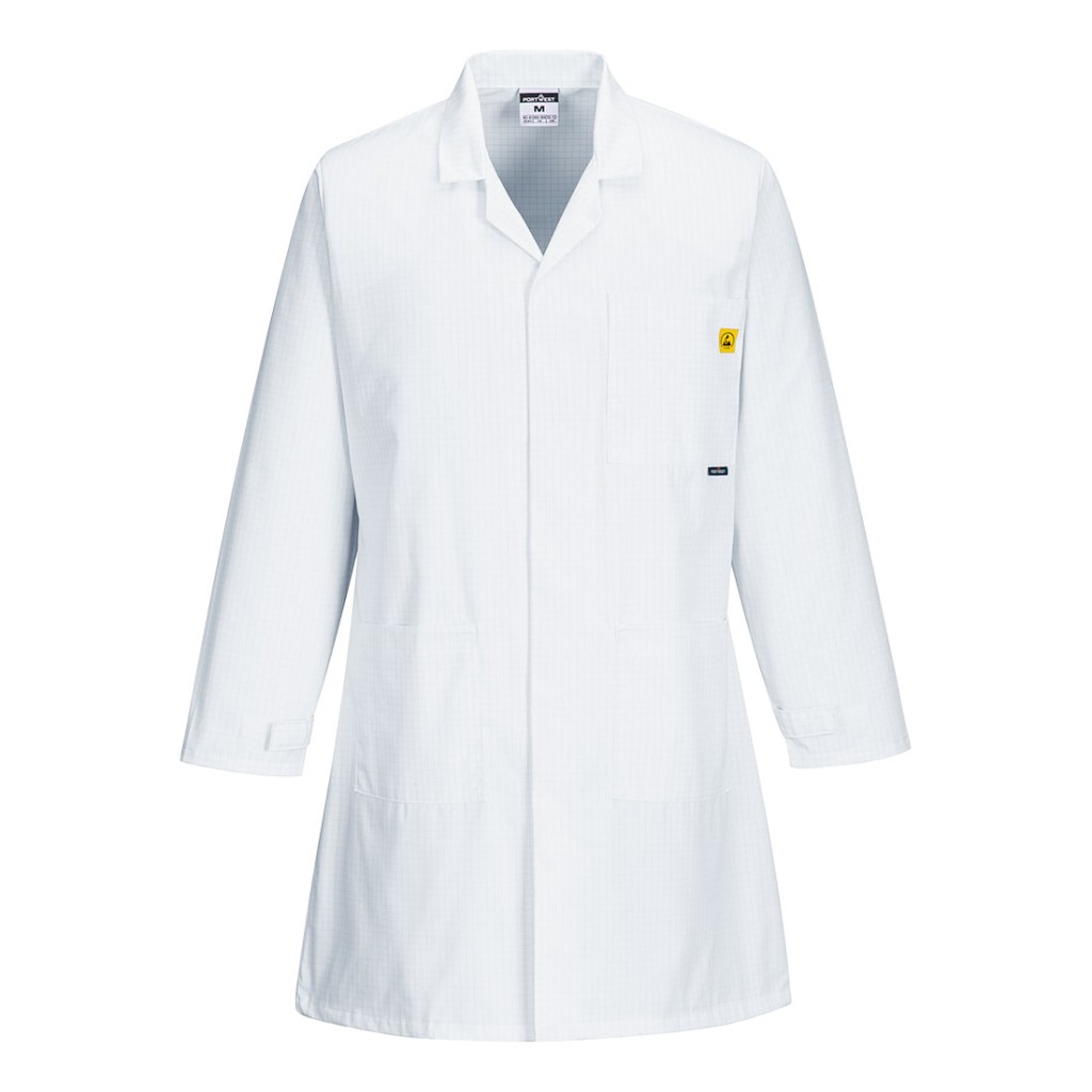 A white jacket featuring anti-static properties, suitable for a wide range of outdoor and site work applications.