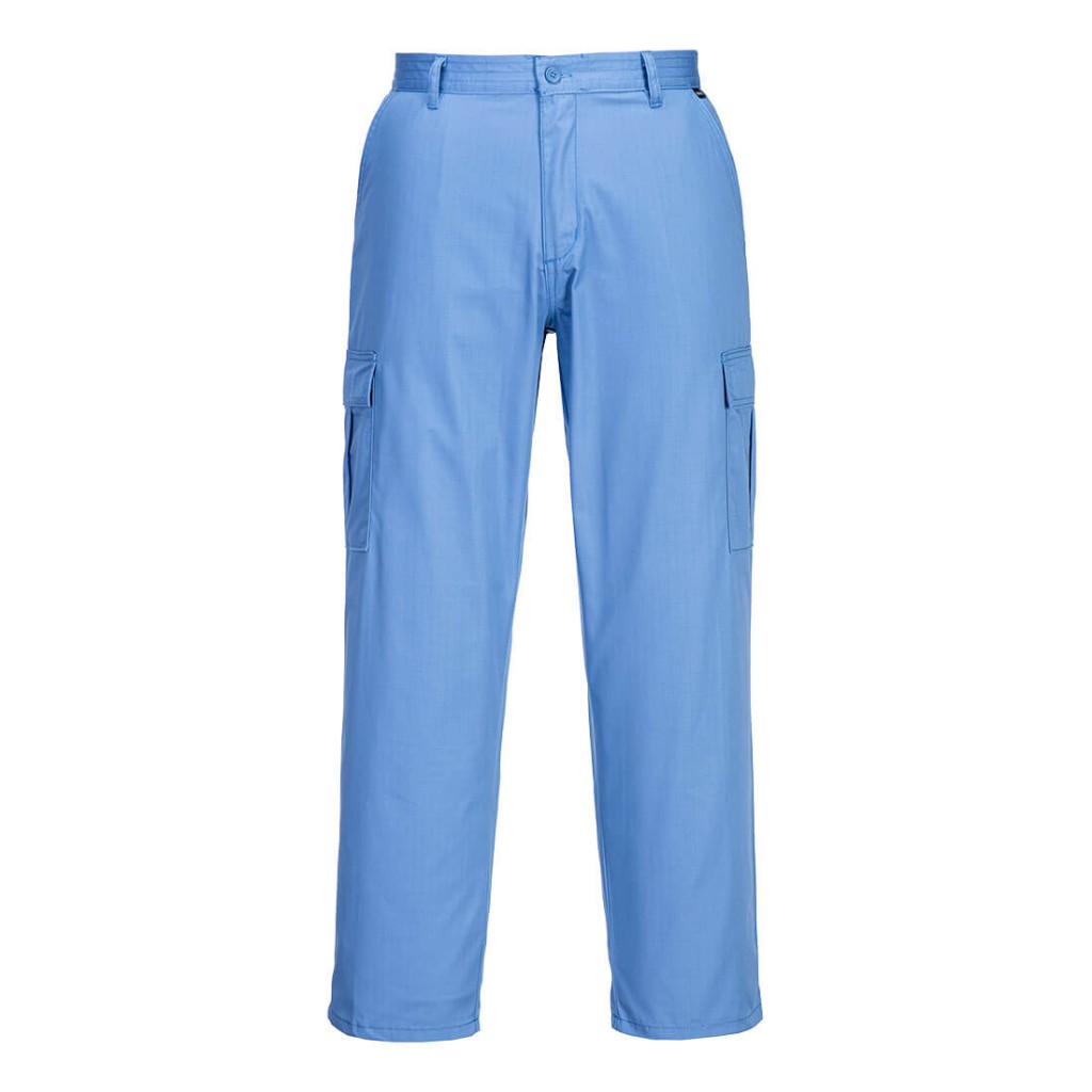 A pair of blue work trousers featuring anti-static properties, suitable for a wide range of outdoor and site work applications.