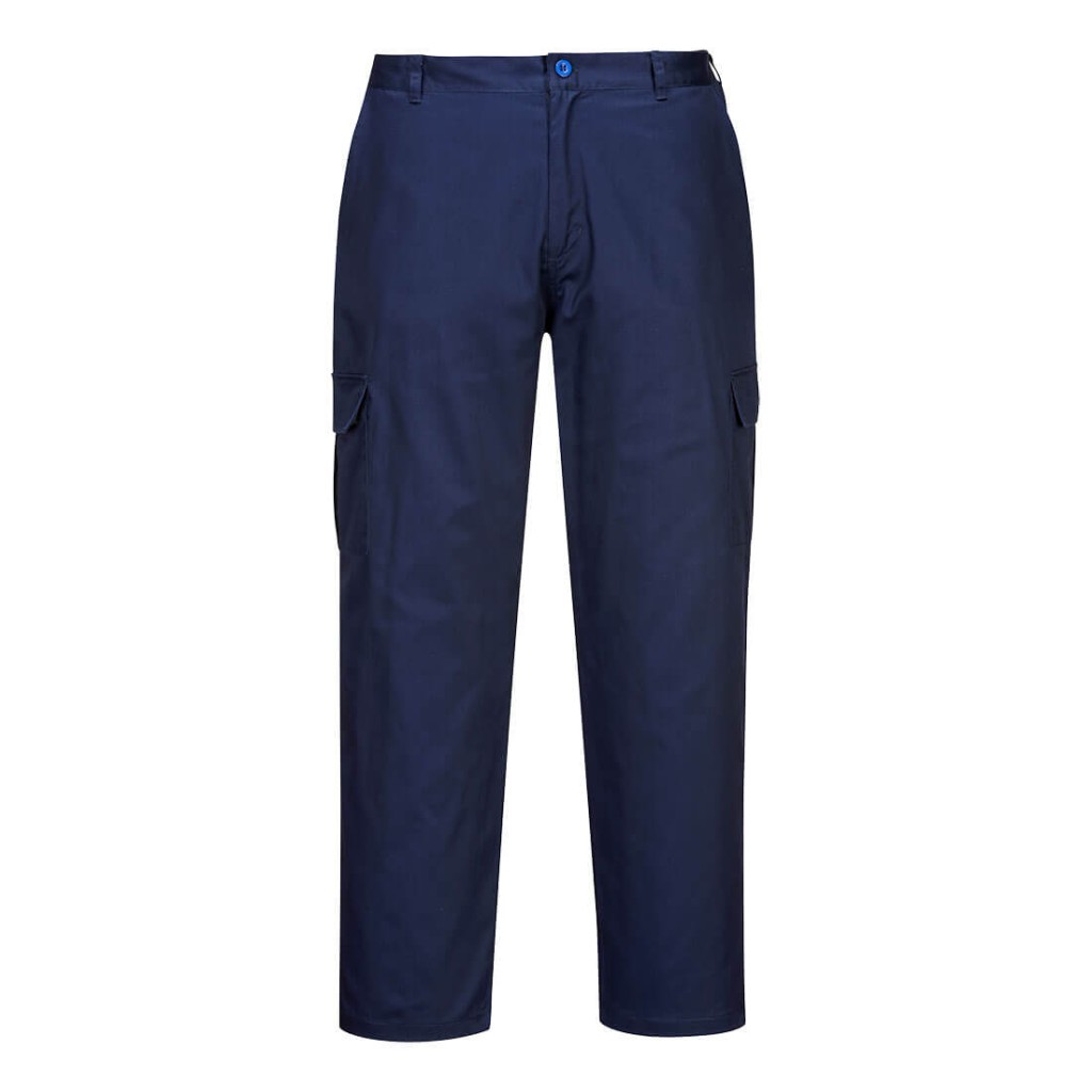 A pair of navy blue work trousers featuring anti-static properties, suitable for a wide range of outdoor and site work applications.