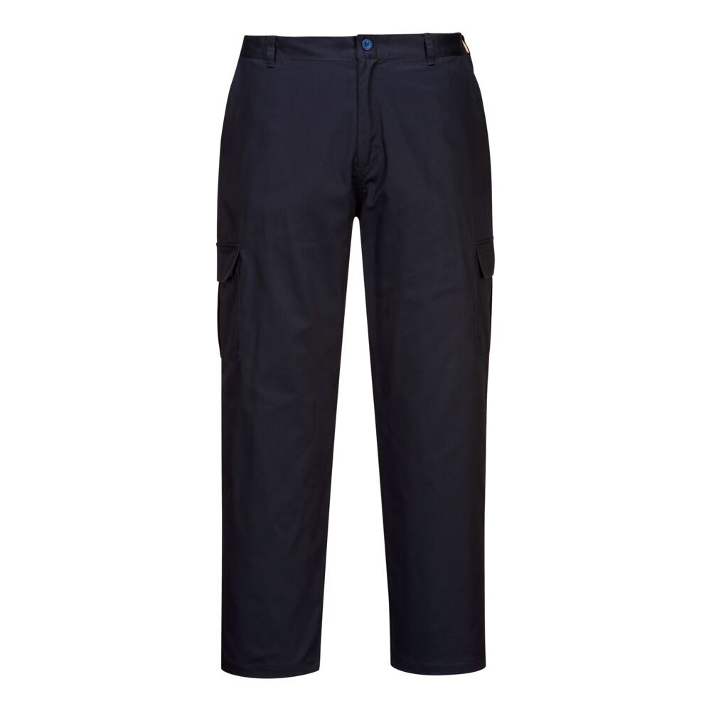 A pair of navy blue work trousers featuring anti-static properties, suitable for a wide range of outdoor and site work applications.