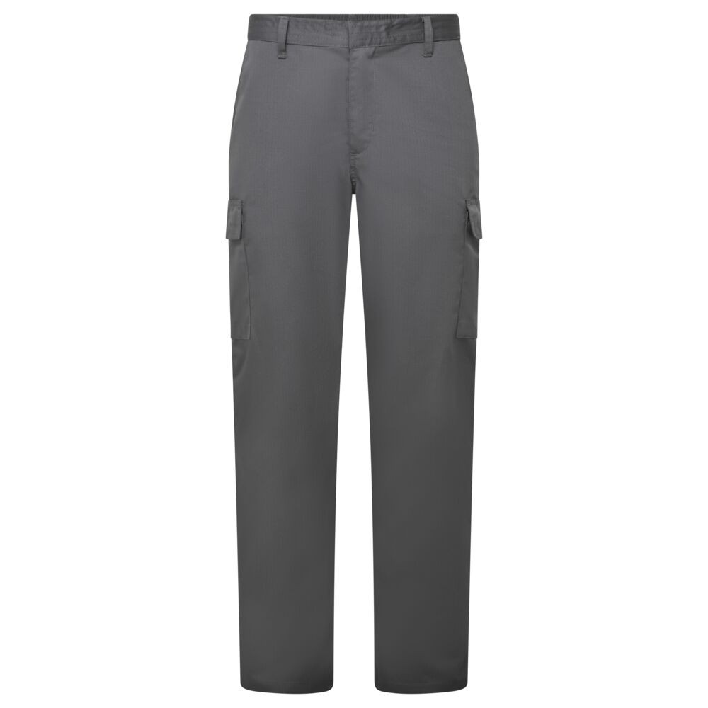 A pair of grey work trousers featuring anti-static properties, suitable for a wide range of outdoor and site work applications.