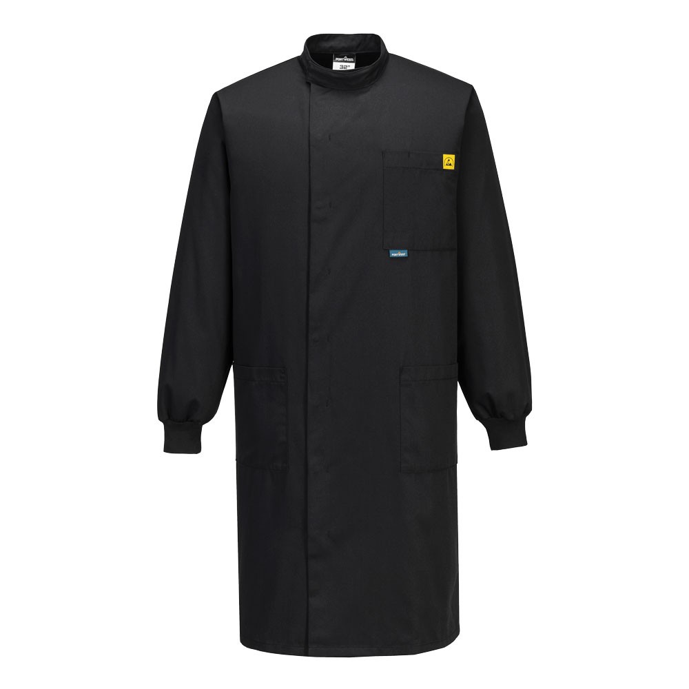 A black jacket featuring anti-static properties, suitable for a wide range of outdoor and site work applications.