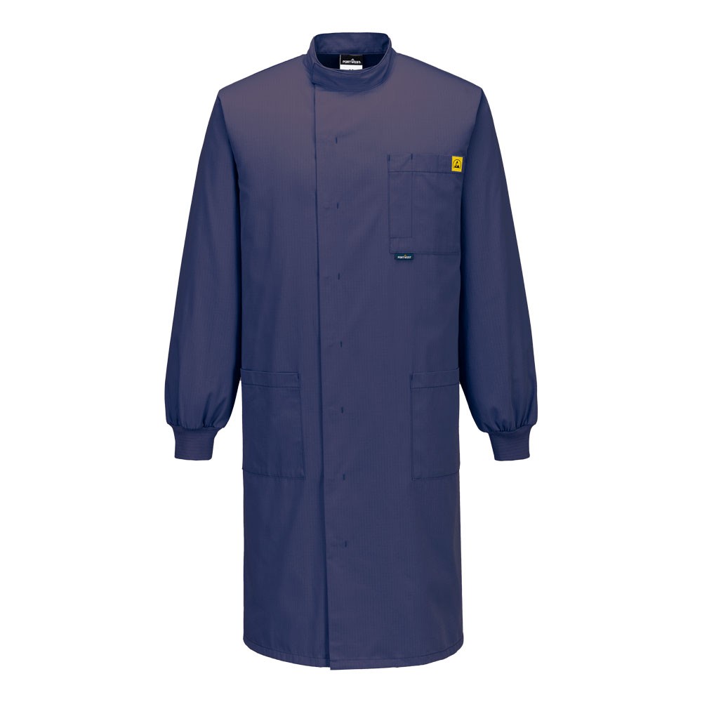 A navy blue jacket featuring anti-static properties, suitable for a wide range of outdoor and site work applications.