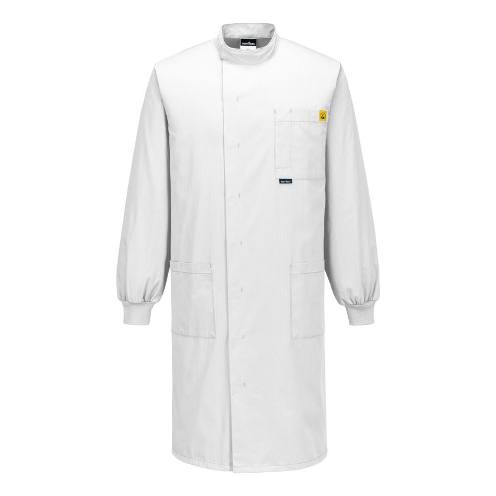 A white jacket featuring anti-static properties, suitable for a wide range of outdoor and site work applications.
