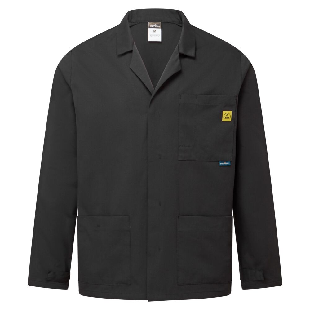 A black jacket featuring anti-static properties, suitable for a wide range of outdoor and site work applications.