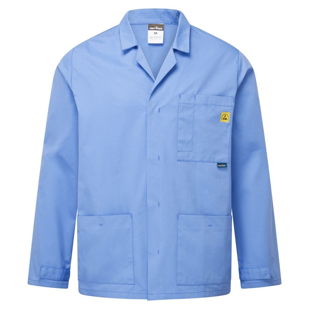 A blue jacket featuring anti-static properties, suitable for a wide range of outdoor and site work applications.