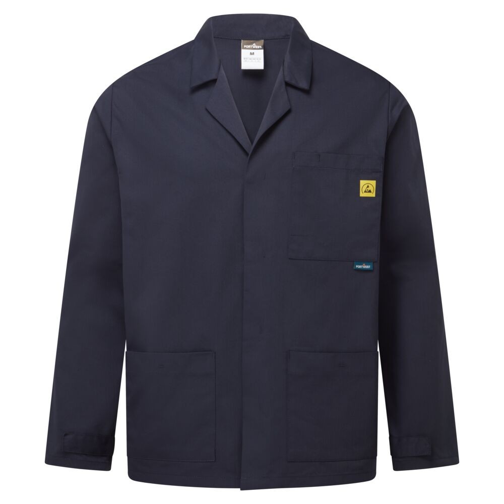 A navy blue jacket featuring anti-static properties, suitable for a wide range of outdoor and site work applications.