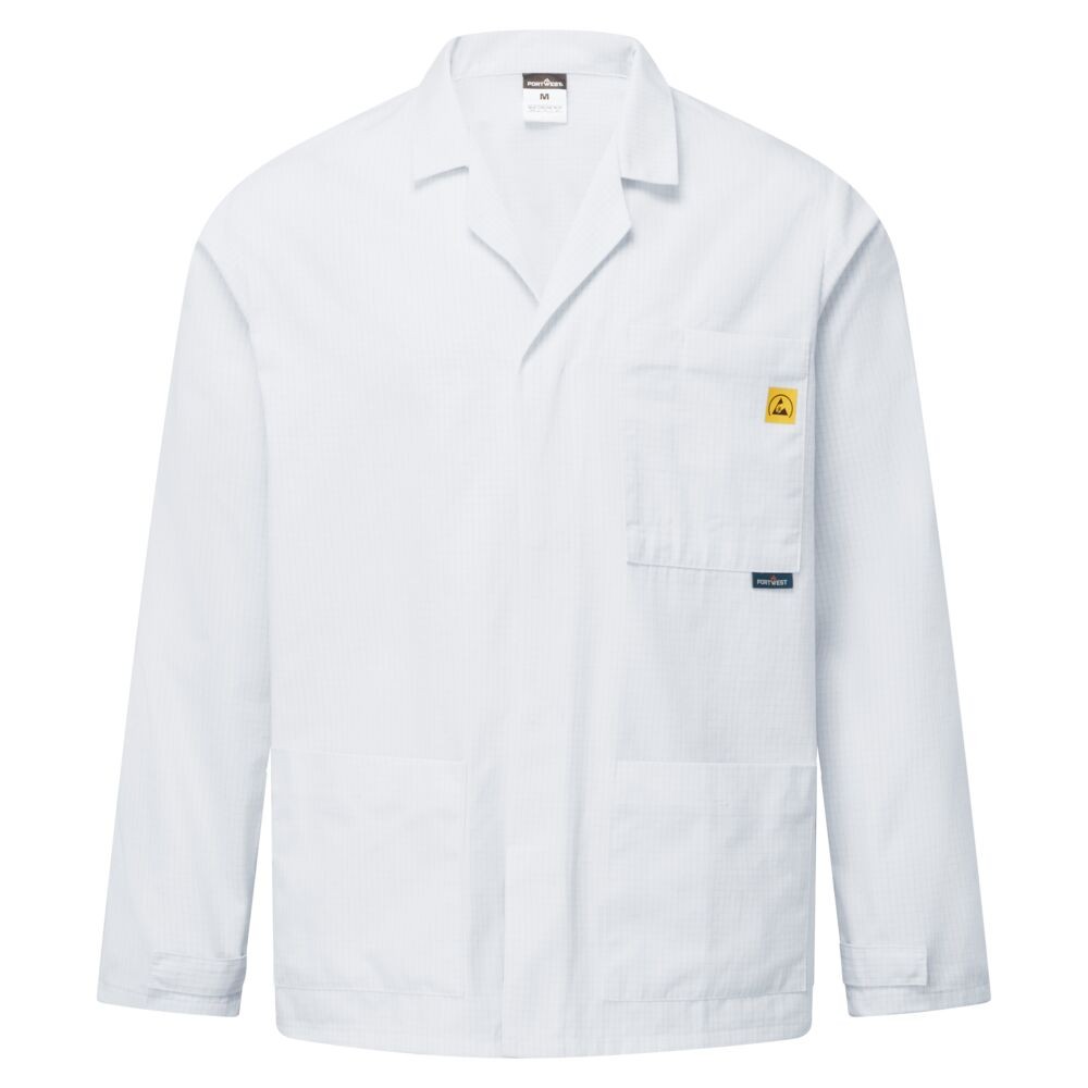 A white jacket featuring anti-static properties, suitable for a wide range of outdoor and site work applications.