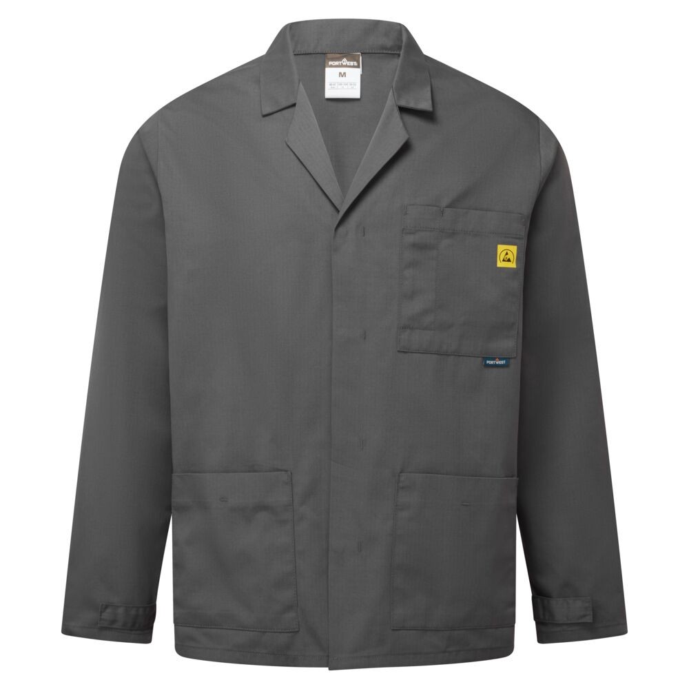 A grey jacket featuring anti-static properties, suitable for a wide range of outdoor and site work applications.