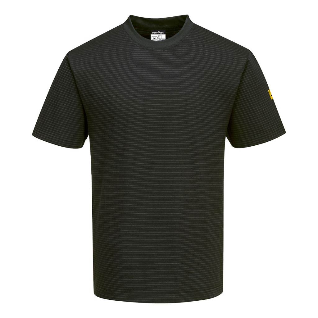 A black work shirt featuring anti-static properties, suitable for a wide range of outdoor and site work applications.