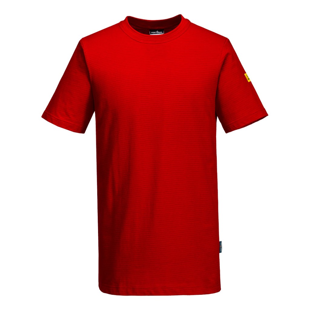 A red work shirt featuring anti-static properties, suitable for a wide range of outdoor and site work applications.