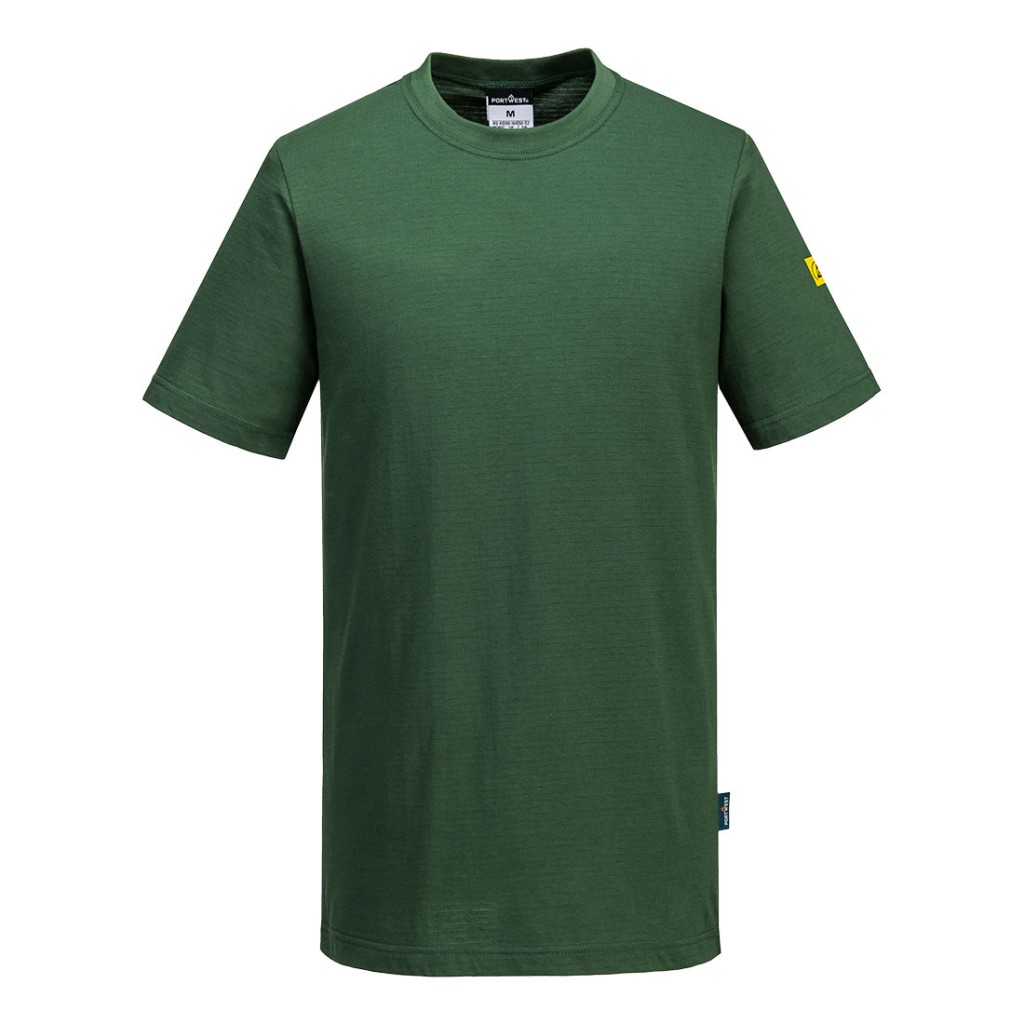 A green work shirt featuring anti-static properties, suitable for a wide range of outdoor and site work applications.