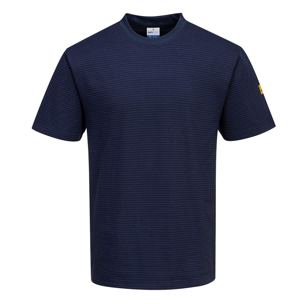 A navy blue work shirt featuring anti-static properties, suitable for a wide range of outdoor and site work applications.