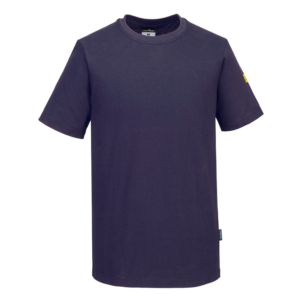 A navy blue work shirt featuring anti-static properties, suitable for a wide range of outdoor and site work applications.