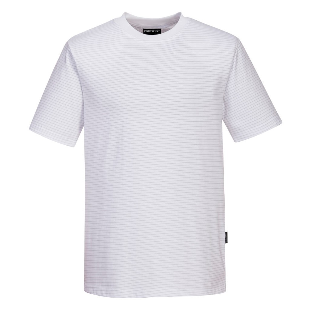 A white work shirt featuring anti-static properties, suitable for a wide range of outdoor and site work applications.