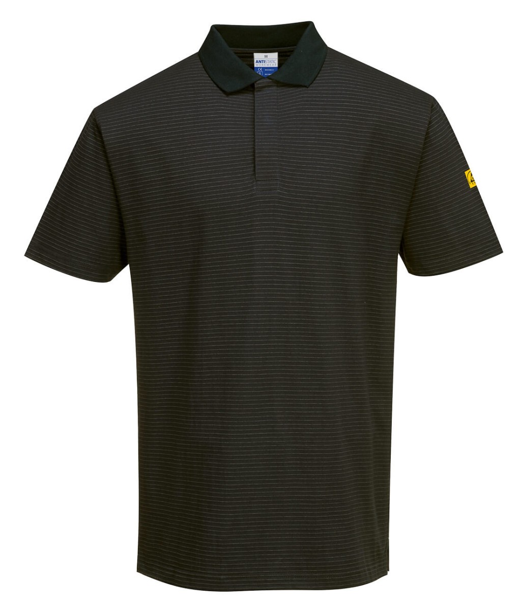 A black polo shirt featuring anti-static properties, suitable for a wide range of outdoor and site work applications.