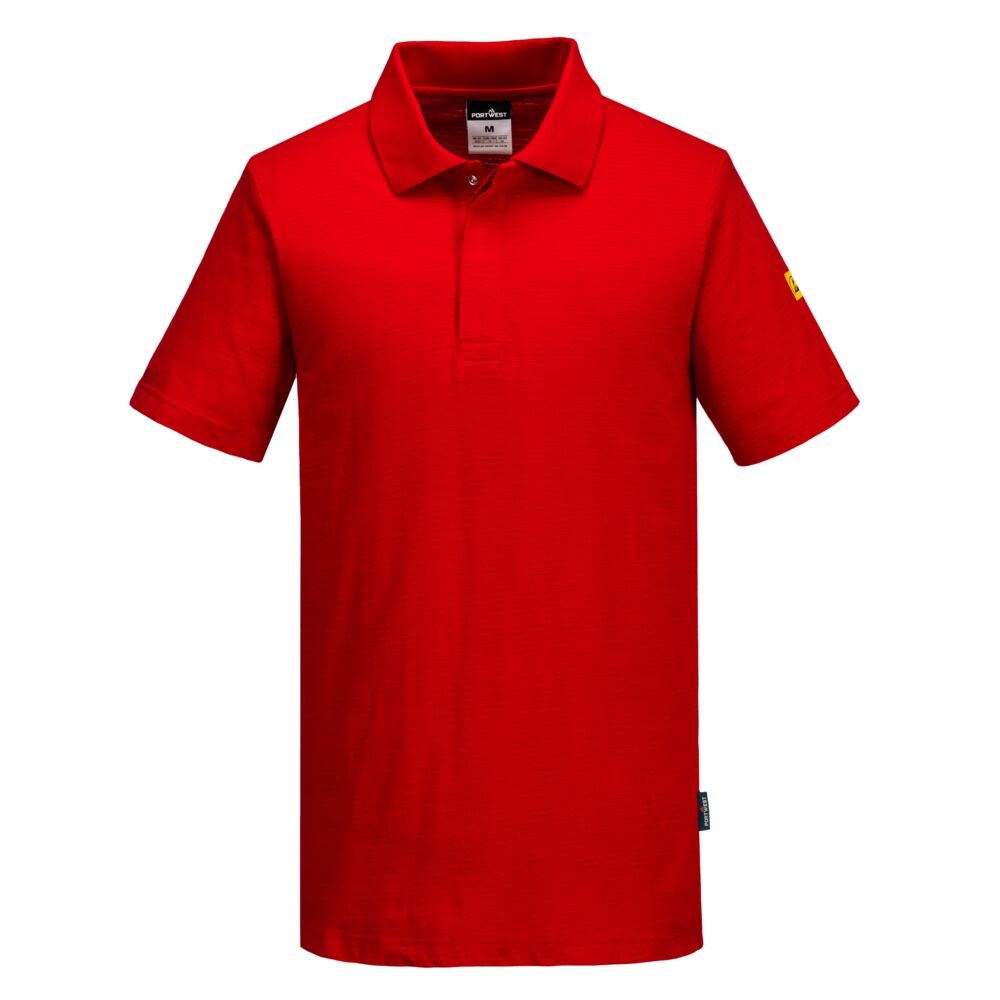A red polo shirt featuring anti-static properties, suitable for a wide range of outdoor and site work applications.