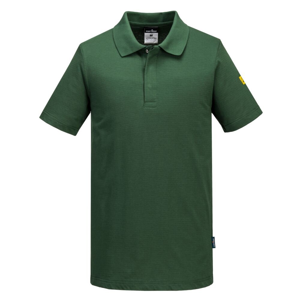 A green polo shirt featuring anti-static properties, suitable for a wide range of outdoor and site work applications.