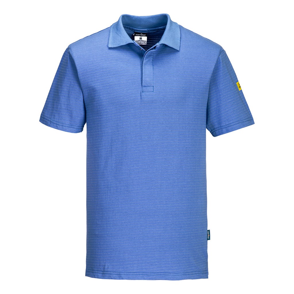 A blue polo shirt featuring anti-static properties, suitable for a wide range of outdoor and site work applications.