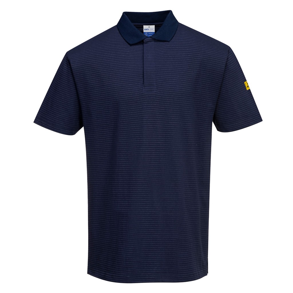 A navy blue polo shirt featuring anti-static properties, suitable for a wide range of outdoor and site work applications.