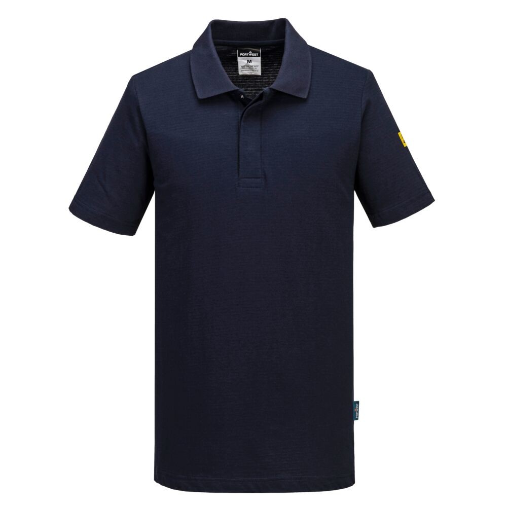 A navy blue polo shirt featuring anti-static properties, suitable for a wide range of outdoor and site work applications.