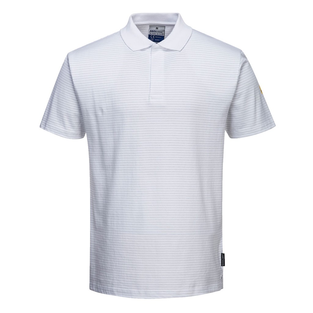 A white polo shirt featuring anti-static properties, suitable for a wide range of outdoor and site work applications.