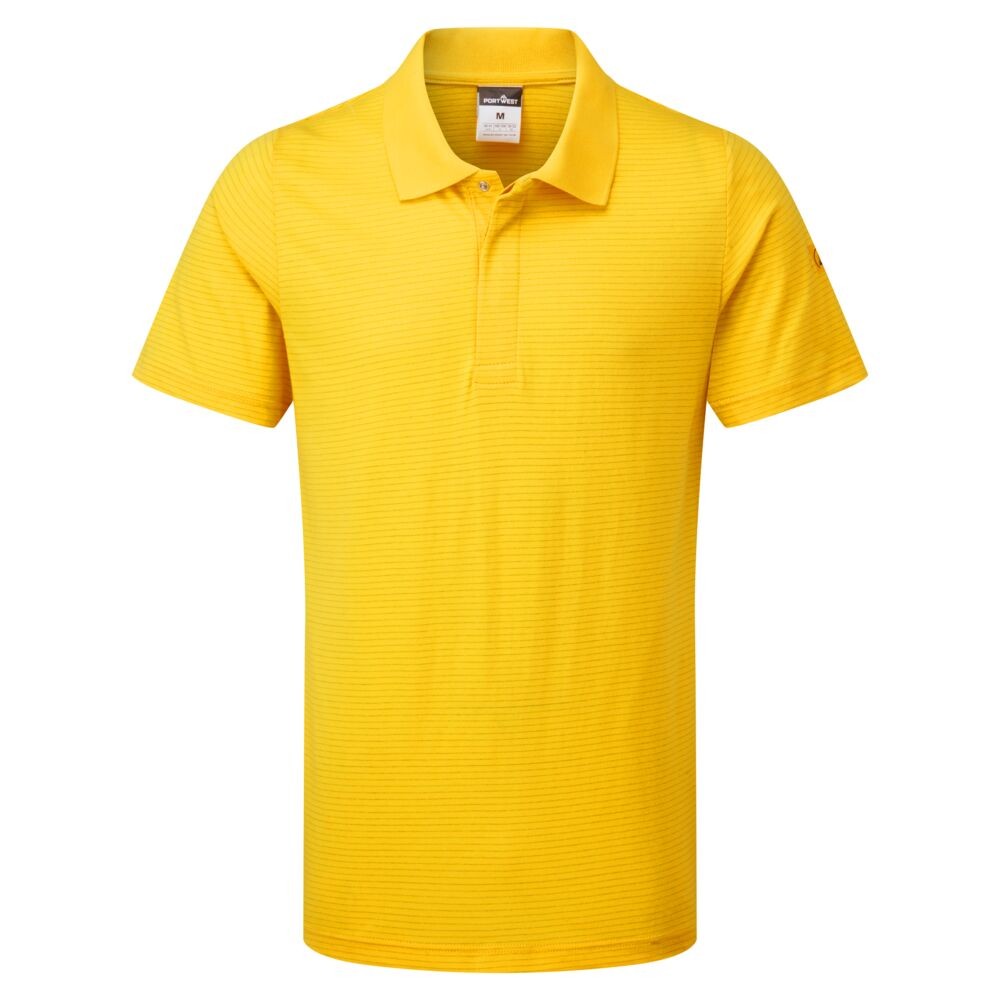 A yellow polo shirt featuring anti-static properties, suitable for a wide range of outdoor and site work applications.