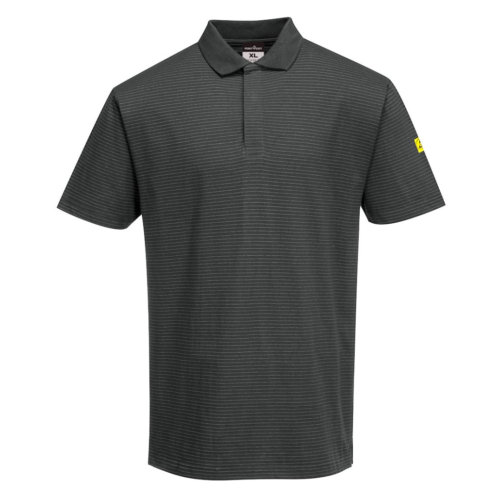 A grey polo shirt featuring anti-static properties, suitable for a wide range of outdoor and site work applications.