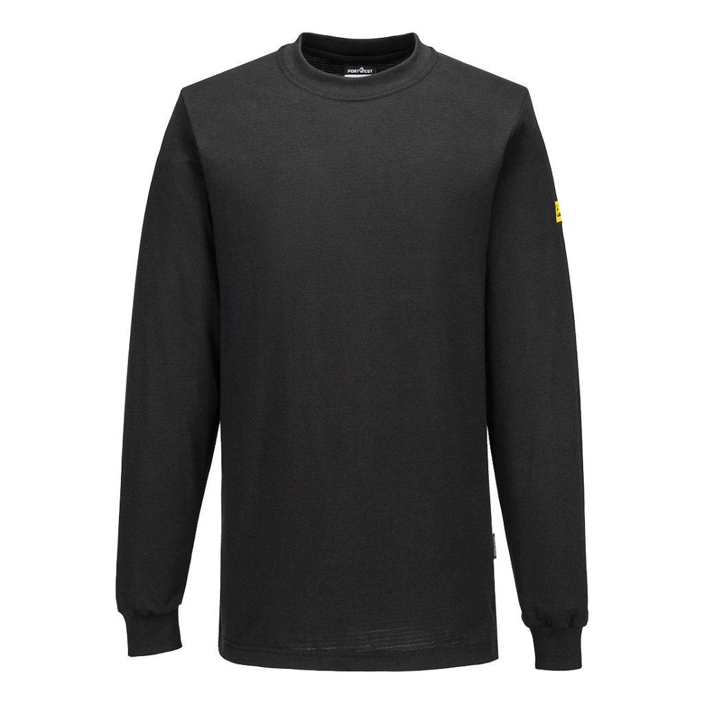 A black work shirt featuring anti-static properties, suitable for a wide range of outdoor and site work applications.