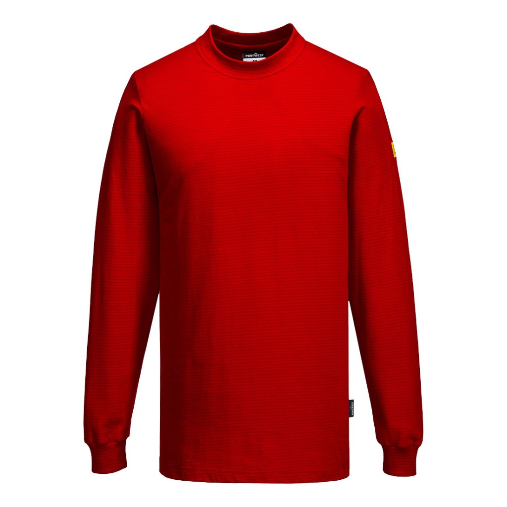 A red work shirt featuring anti-static properties, suitable for a wide range of outdoor and site work applications.