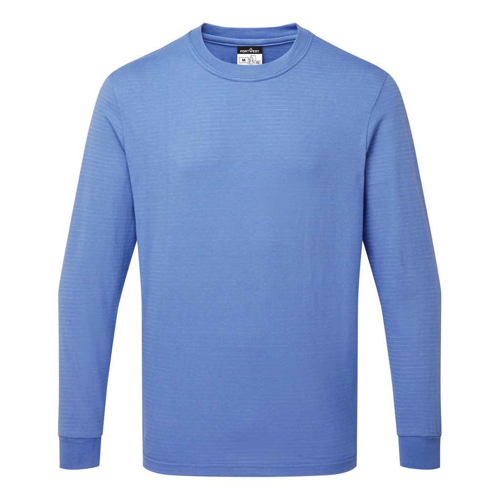 A blue work shirt featuring anti-static properties, suitable for a wide range of outdoor and site work applications.