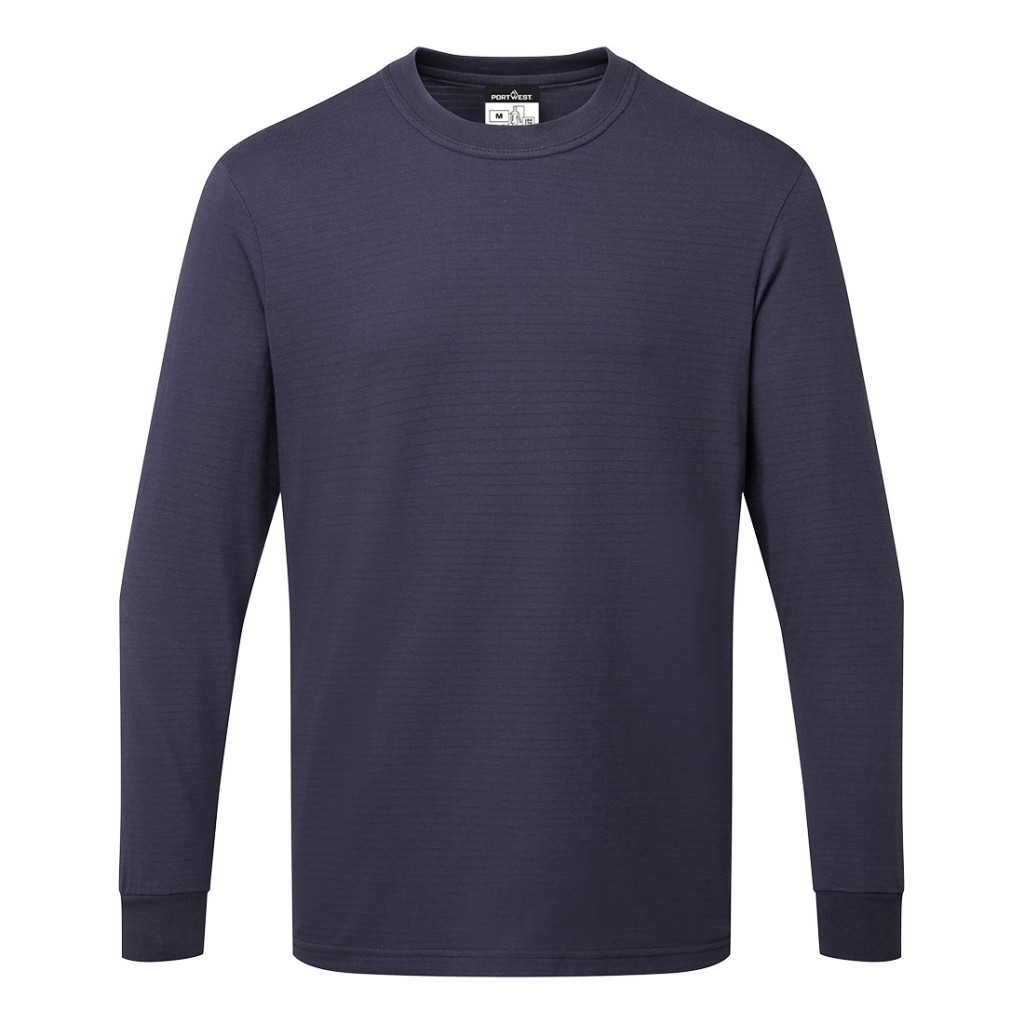 A navy blue work shirt featuring anti-static properties, suitable for a wide range of outdoor and site work applications.