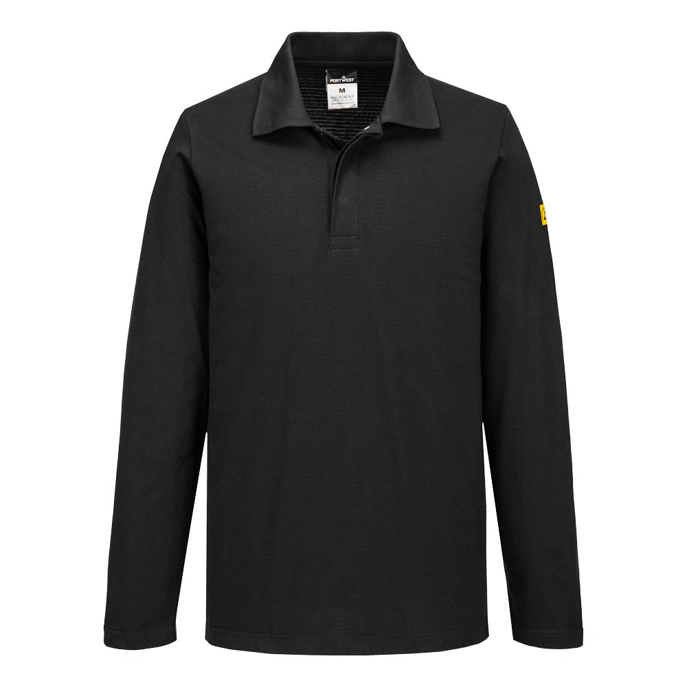 A black polo shirt featuring anti-static properties, suitable for a wide range of outdoor and site work applications.