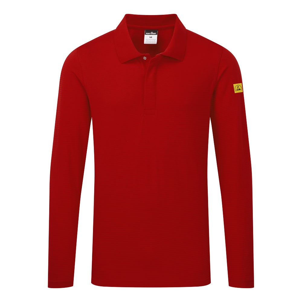 A red polo shirt featuring anti-static properties, suitable for a wide range of outdoor and site work applications.