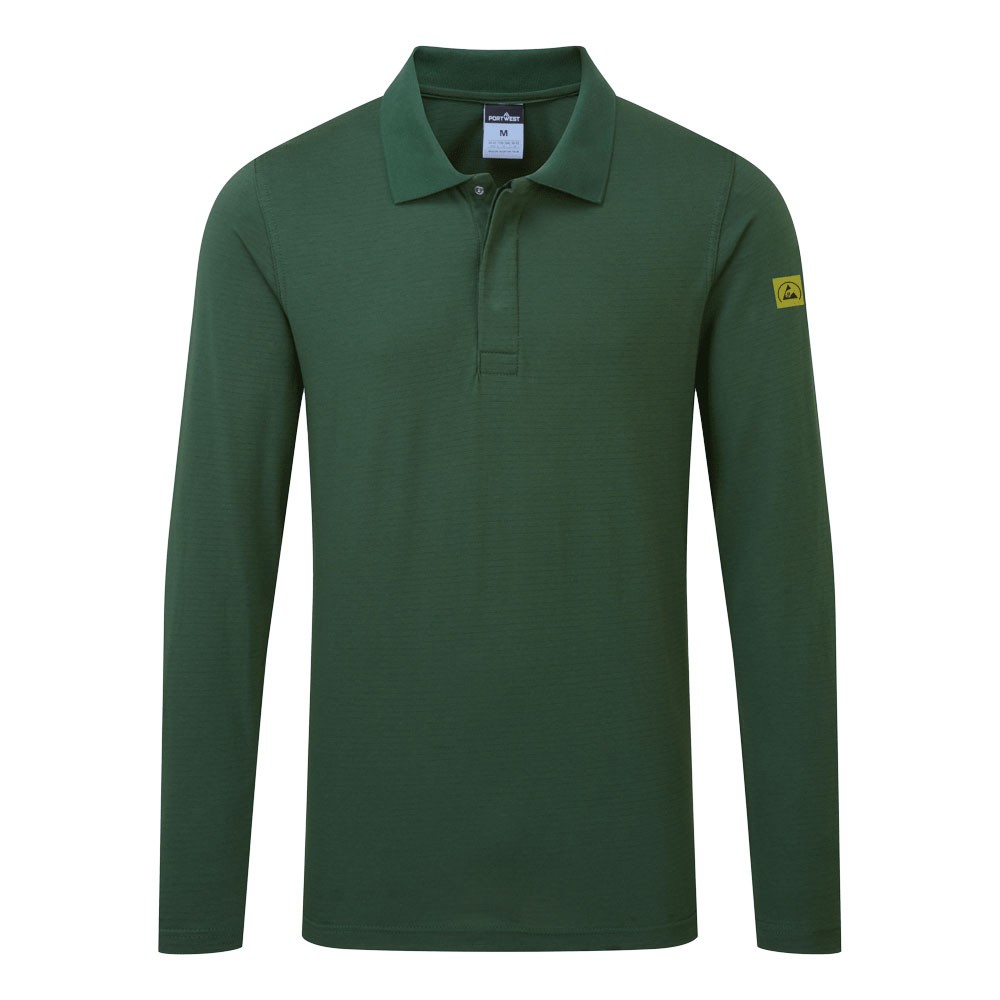 A green polo shirt featuring anti-static properties, suitable for a wide range of outdoor and site work applications.