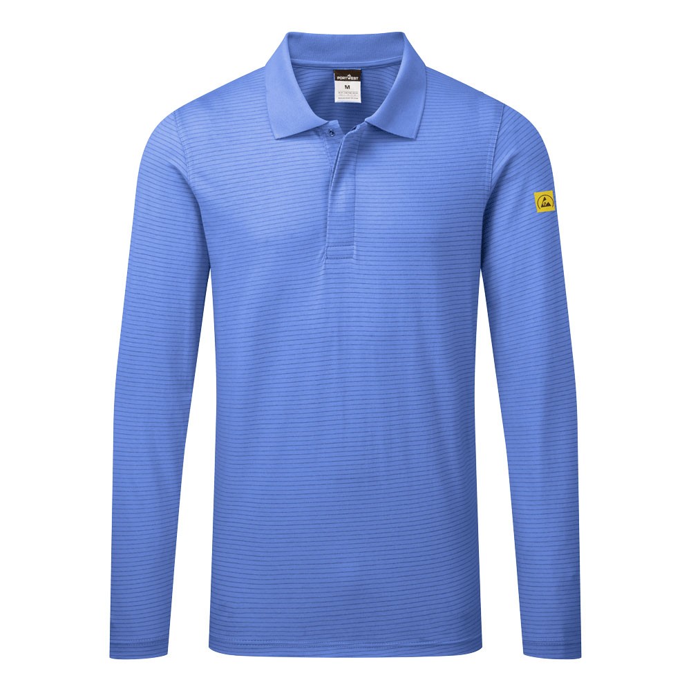 A blue polo shirt featuring anti-static properties, suitable for a wide range of outdoor and site work applications.