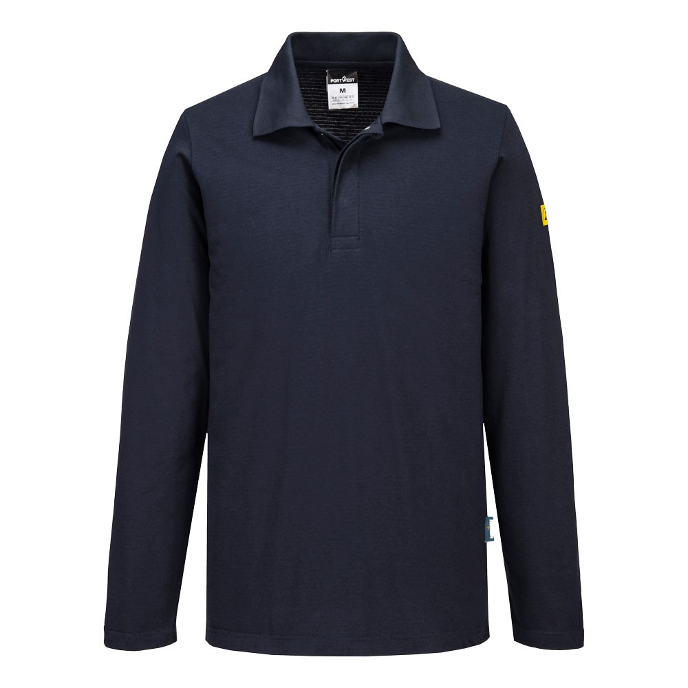 A navy blue polo shirt featuring anti-static properties, suitable for a wide range of outdoor and site work applications.