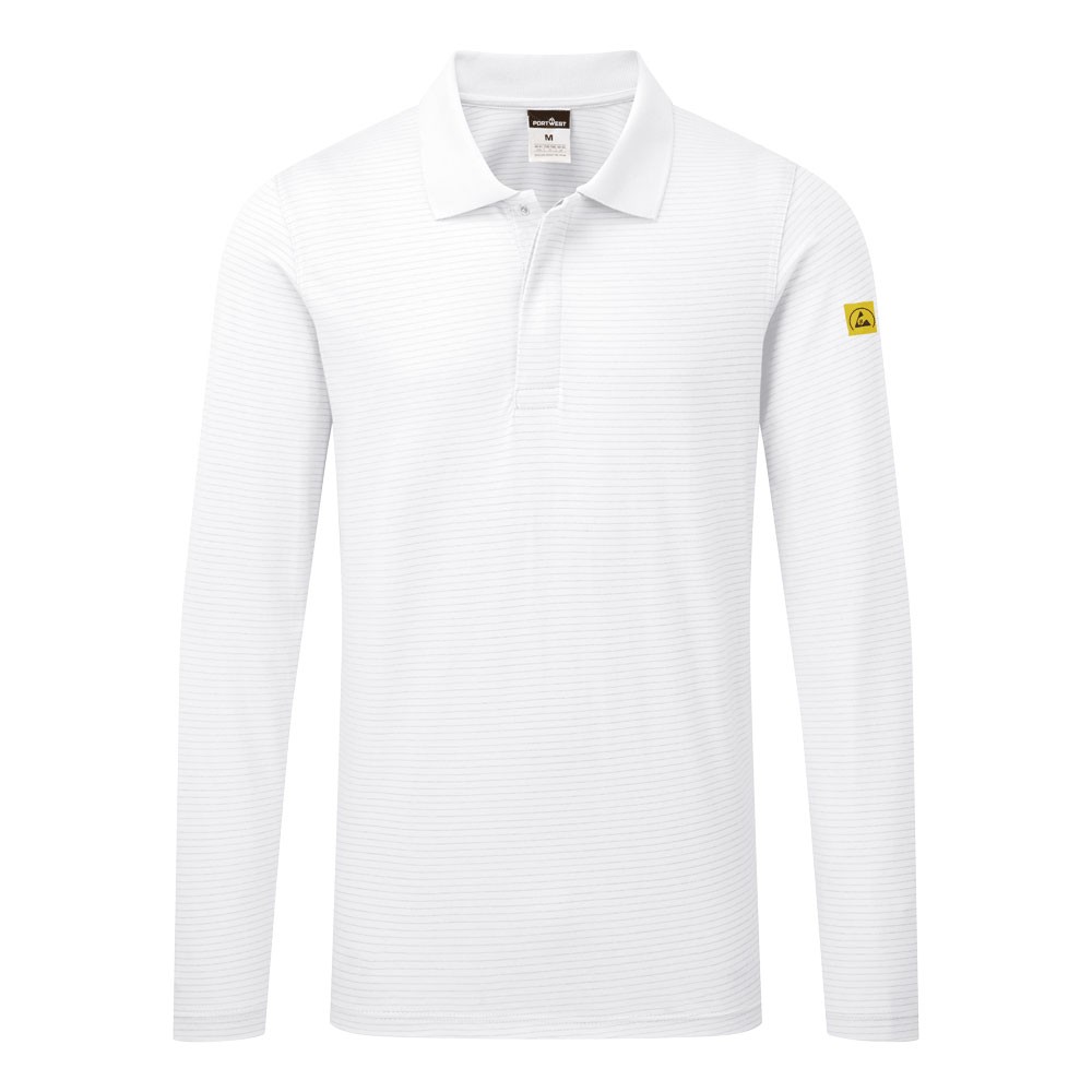 A white polo shirt featuring anti-static properties, suitable for a wide range of outdoor and site work applications.