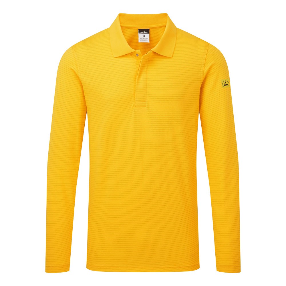 A yellow polo shirt featuring anti-static properties, suitable for a wide range of outdoor and site work applications.