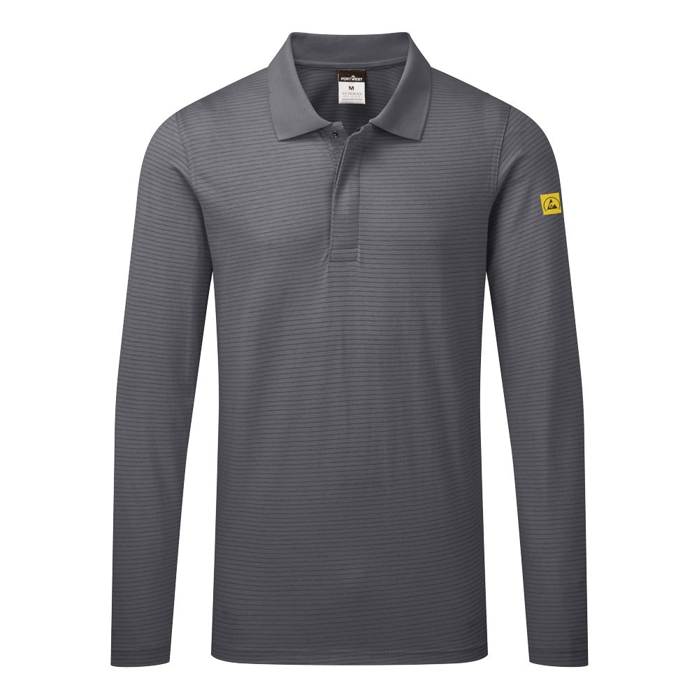 A grey polo shirt featuring anti-static properties, suitable for a wide range of outdoor and site work applications.