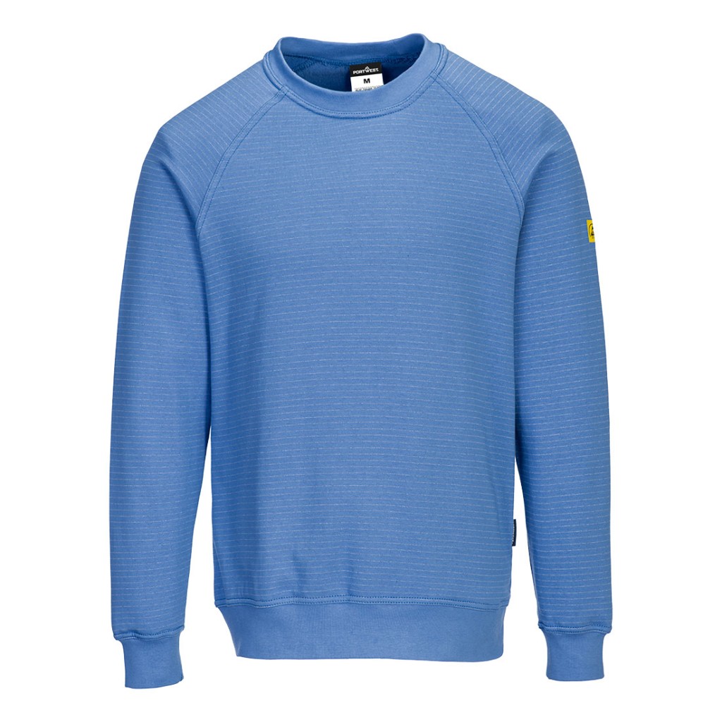 A blue work shirt featuring anti-static properties, suitable for a wide range of outdoor and site work applications.