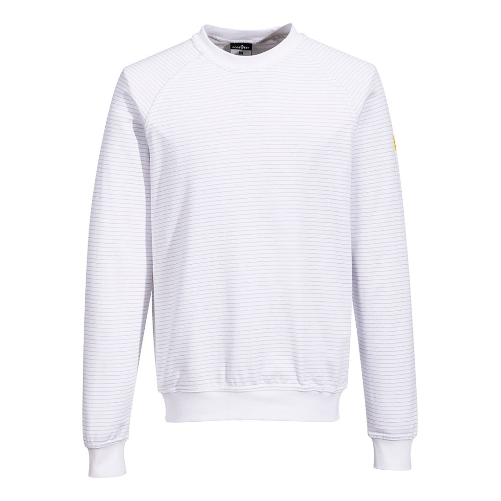 A white work shirt featuring anti-static properties, suitable for a wide range of outdoor and site work applications.