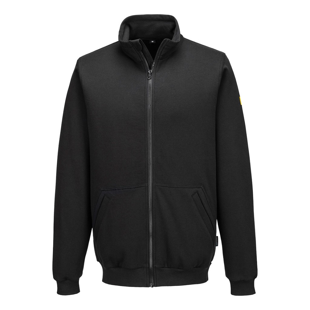 A black work shirt featuring a full-length zip front, anti-static properties, suitable for a wide range of outdoor and site work applications.