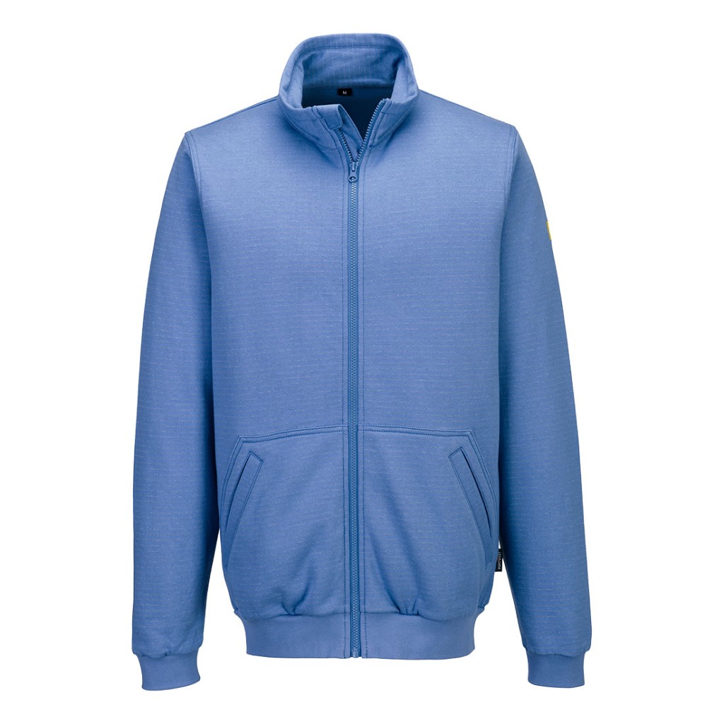 A blue work shirt featuring a full-length zip front, anti-static properties, suitable for a wide range of outdoor and site work applications.