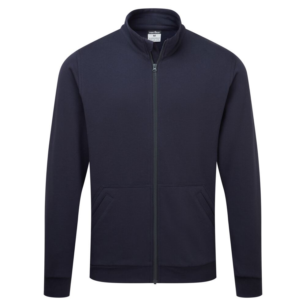 A navy blue work shirt featuring a full-length zip front, anti-static properties, suitable for a wide range of outdoor and site work applications.